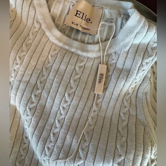 NWT Elie Tahari 3/4 Puff Sleeve CableKnit Sweater XS Spring Casual Neutral Muted - Picture 6 of 6